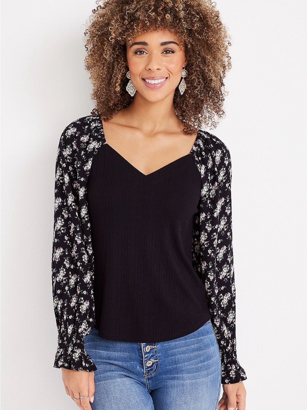 Womens XL Black Knit Top Floral Print Sheer Sleeve Sweetheart Neckline Romantic